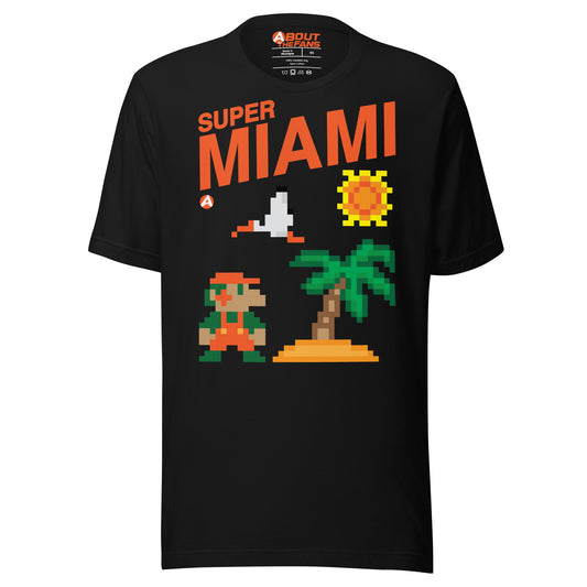 Black t-shirt with 'Super Miami' text and pixel art graphics including a sun, palm trees, and a character on the front. Miami Hurricanes